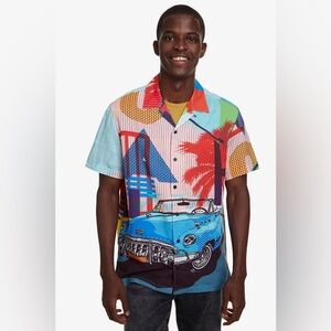 Desigual mens L Large Cuba print camp collar vibrant car viscose shirt EUC